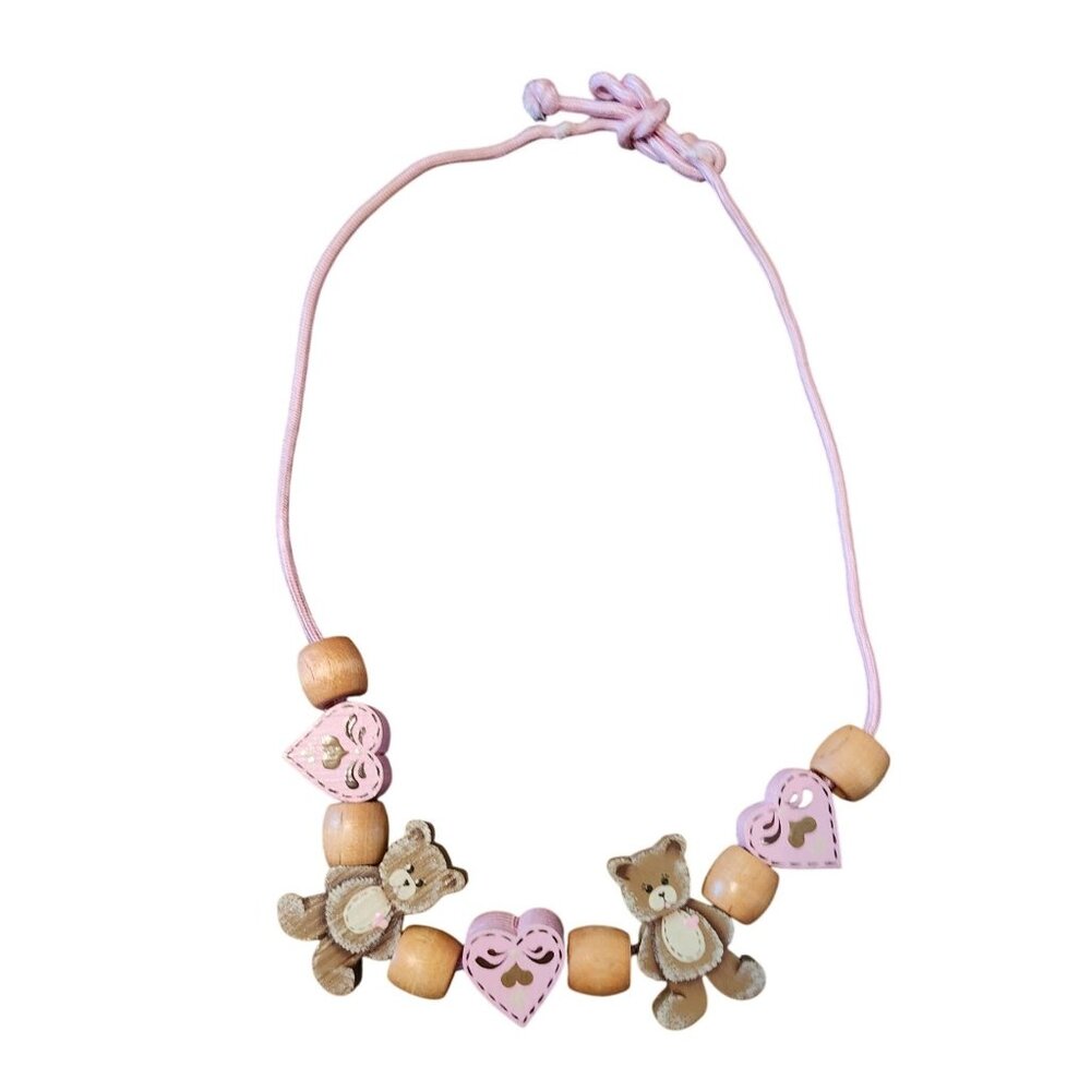 Handmade Wooden Teddy Bear & Heart Pendant Necklace or Baby Garland Vintage Pink